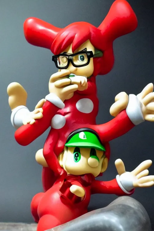 Prompt: hideaki anno popping out of a green mario pipe, holding a figurine of asuka langley triumphantly in his raised hand