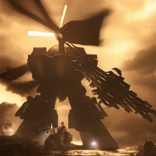 Image similar to gundam as dutch windmill in gears of war, splash art, movie still, cinematic lighting, ray tracing, octane render, long lens, shallow depth of field, bokeh, anamorphic lens flare, 8 k, hyper detailed, 3 5 mm film grain