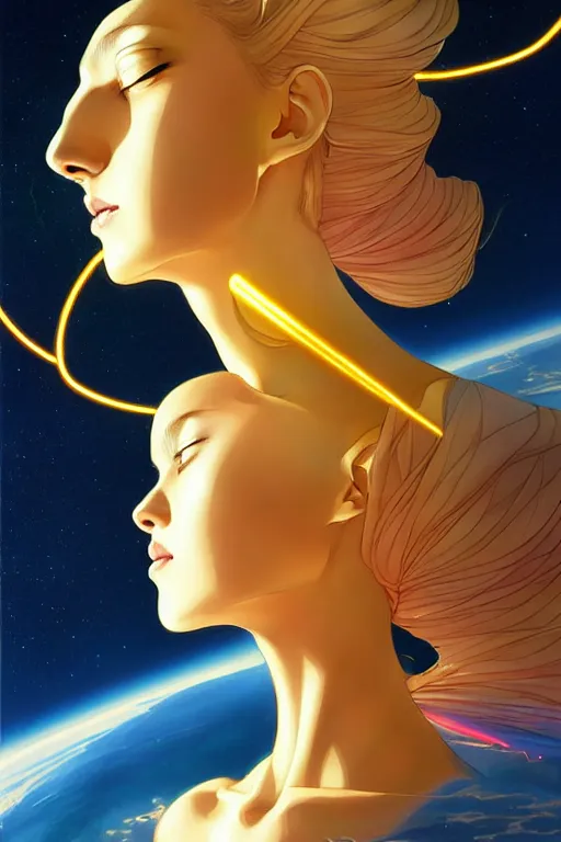 Prompt: a golden woman 2/3 figurative anime portrait, in space, head breaking apart and spiraling geometry into the sky upwards into another dimension, lazer light beaming down to top of her head, by james jean, artgerm, featured in artstation, elegant, Moebius, Greg rutkowski