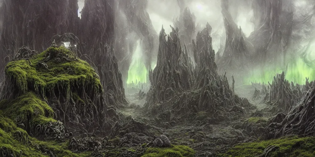 Image similar to evil eldritch lovecraftian scenery landscape, lord of the rings, aurora borealis, mist, monoliths, tentacles, fungal growths, moss highly detailed, bleak color, perfect lighting, perfect composition, 8 k, brian froud, artgerm, derek zabrocki, greg rutkowski