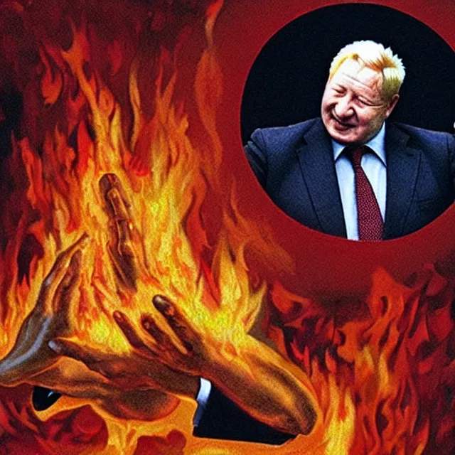 Image similar to president boris yeltsin pours red - hot lead into the mouth of a sinner in hell, infernal art in color