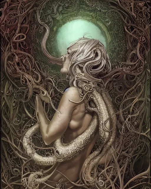 Prompt: centered beautiful detailed side view profile portrait of a insane old woman, ornate tentacles growing around, ornamentation, thorns, vines, tentacles, elegant, beautifully soft lit, full frame, by wayne barlowe, peter mohrbacher, kelly mckernan, h r giger