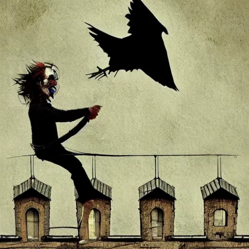 Prompt: A clown on the roof of the church playing with crows, by Android Jones and M. C. Escher collaboration, futurist, digital art, dramatic lighting, symbolic