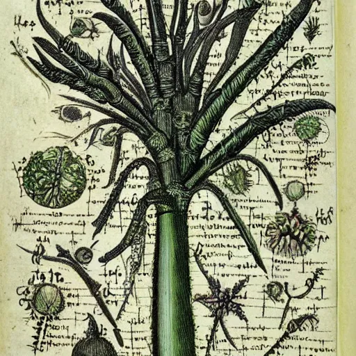 Prompt: alien plant, detailed sketch of a medieval botanical manual, ancient looking, alien language description