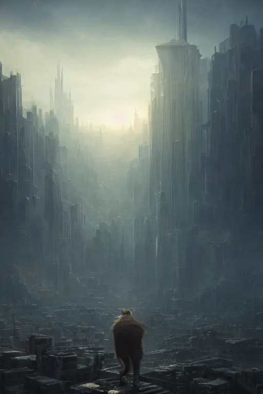 Prompt: A small animal standing in the foreground of an endless city by Greg Rutkowski, Sung Choi, Mitchell Mohrhauser, Maciej Kuciara, Johnson Ting, Maxim Verehin, Peter Konig, final fantasy , 8k photorealistic, cinematic lighting, HD, high details, dramatic, atmospheric,