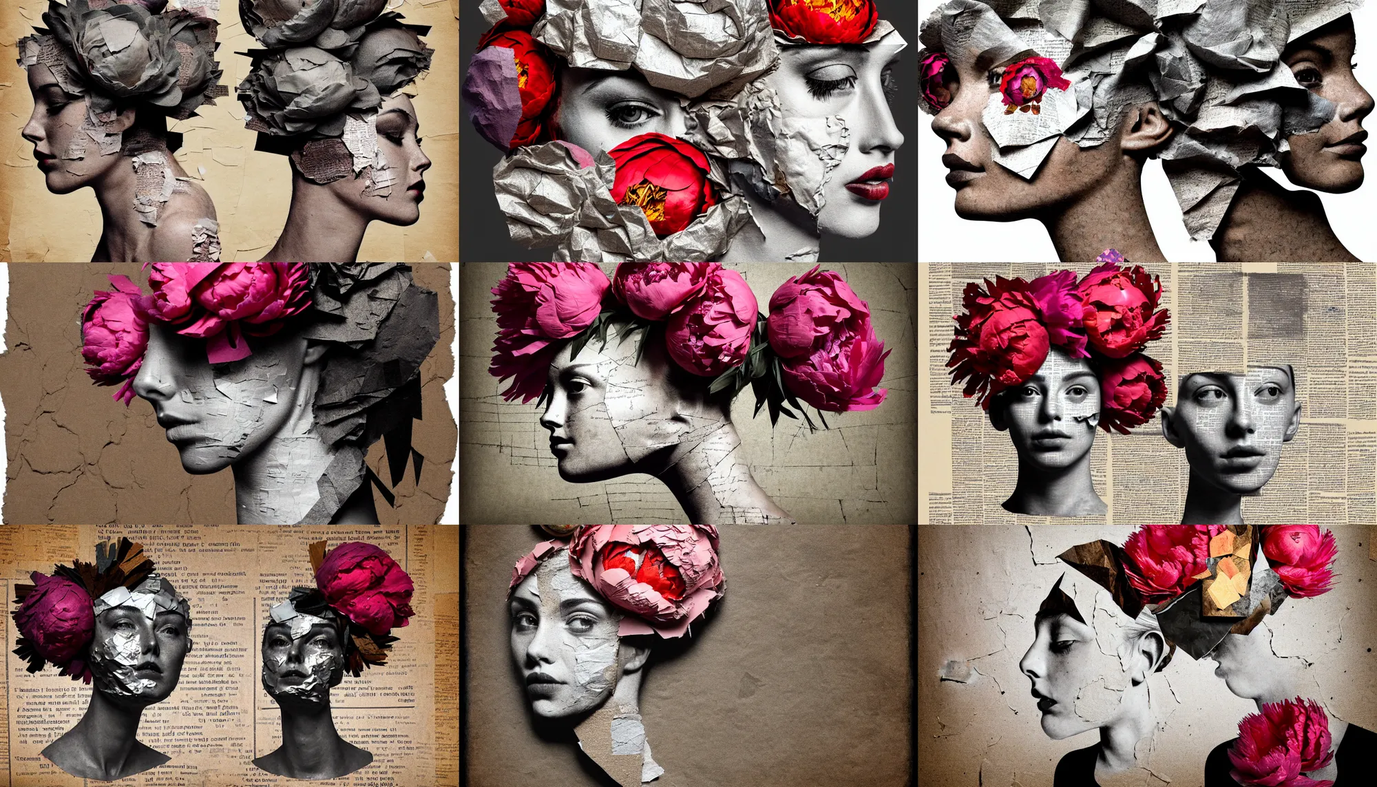 Prompt: a female head made of hot gritty steel, rendered in blender peonies on her head, crumpled newspaper as a texture, collage paper and tape, glued aluminiumfolie, slit - scan photography, hyperrealism mixed with expressionism, high resolution, cinematic, unreal 6, breathtaking detailed