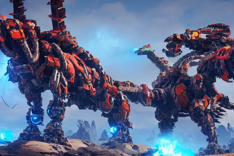 Image similar to ravager machine mecha animal beast robot of horizon forbidden west horizon zero dawn bioluminiscence global illumination ray tracing hdr fanart arstation by sung choi and eric pfeiffer and gabriel garza and casper konefal