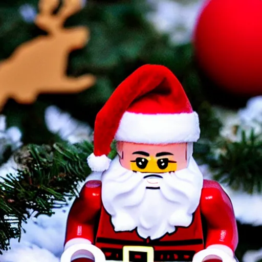 Prompt: LEGO Santa claus with flying reindeer