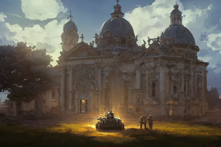 Prompt: an ornate baroque church built on top of a tank. scene in an open field. key visual, conceptart, ambient lighting, highly detailed, digital painting, artstation, concept art, sharp focus, by makoto shinkai and akihiko yoshida and greg manchess