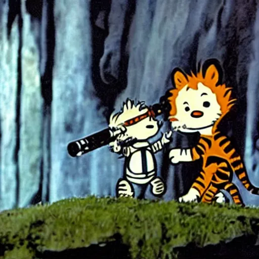 Image similar to a still of calvin an hobbes in star wars a new hope ( 1 9 7 7 )