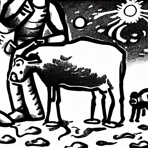 Prompt: alien abducting a cow black and white illustration