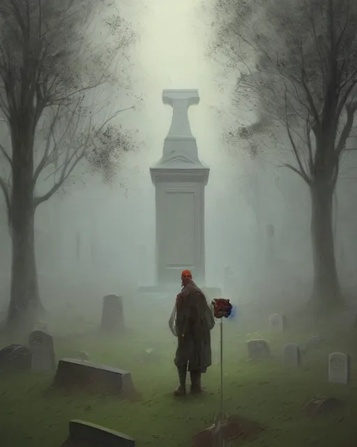Image similar to a highly detailed epic cinematic concept art CG render digital painting artwork: Cemetery in fog. By Greg Rutkowski, in the style of Francis Bacon and Syd Mead and Norman Rockwell and Beksinski, open ceiling, highly detailed, painted by Francis Bacon and Edward Hopper, painted by James Gilleard, surrealism, airbrush, Ilya Kuvshinov, WLOP, Stanley Artgerm, very coherent, triadic color scheme, art by Takato Yamamoto and James Jean