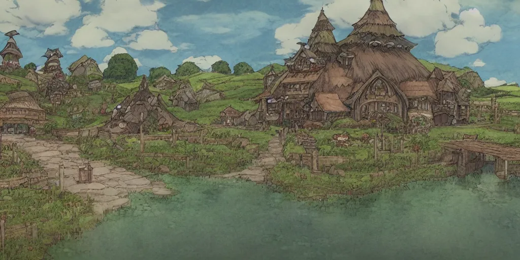 Image similar to a still of a background from spirited away of hobbiton, studio ghibli