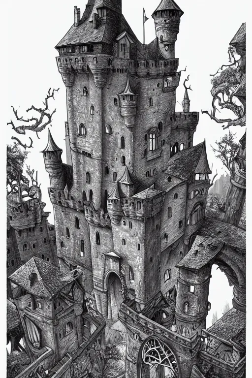 Image similar to a line drawing of an old castle in the woods by joe fenton, trending on artstation, realistic rendering