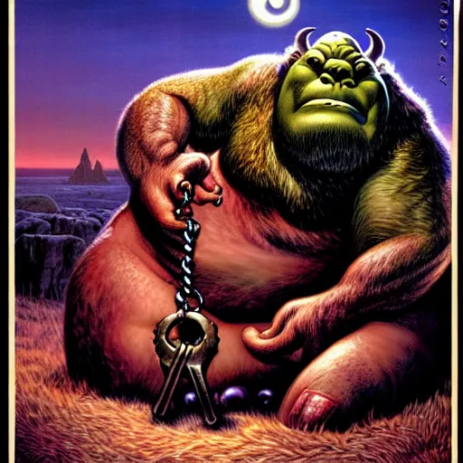 Prompt: Fantasy illustration by Clyde Caldwell The ogre snores in its sleep, its head bobbing from side to side. You reach down to the belt at its waist and feel for the ring of keys hanging from it.