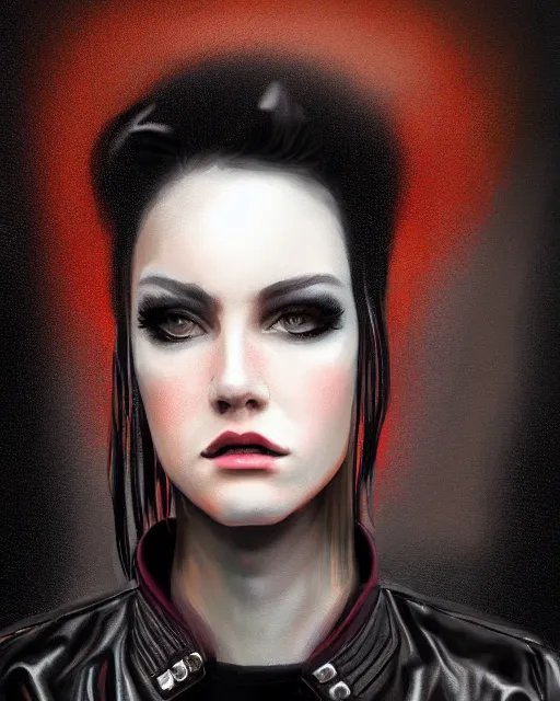 Image similar to portrait painting of a punk woman in a leather bomber jacket, medium shot, symmetrical, rainy night, elegant intricate digital painting, trending on artstation, by huang guangjian