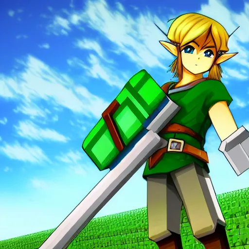 Prompt: anime illustration of link from zelda in minecraft