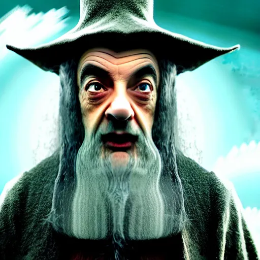 Image similar to mr. bean as gandalf from lord of the rings. movie still. cinematic lighting.