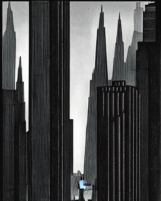 Prompt: image in the style of Hugh Ferriss. Black and dark grey. Tall, wide, imposing building in a dramatically lit metropolis. eerie. incomprehensible size.