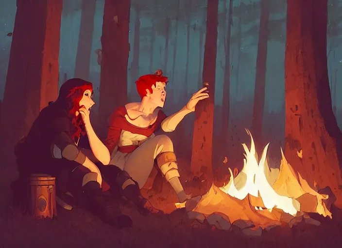 Image similar to a brunette man and a red - haired woman chatting together around a campfire, medieval times by atey ghailan, by greg rutkowski, by greg tocchini, by james gilleard, by joe fenton, by kaethe butcher, dynamic lighting, gradient light blue, brown, blonde cream and white color scheme, grunge aesthetic