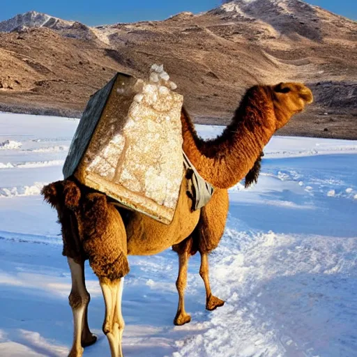 Image similar to a camel carrying a giant block of ice