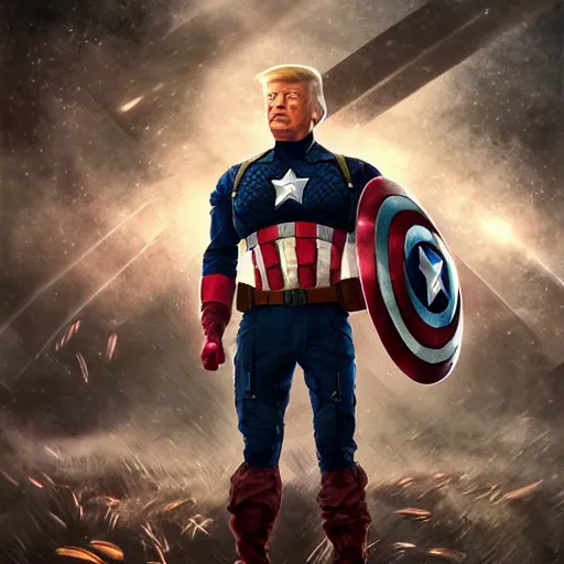 Prompt: of donald trump as captain america, iridescent, beautiful, technological, galactic, hyper-detailed, mega-detailed, realistic, cinematic, octane render, concept art, dark, cosmic, ominous, dramatic, lovecraftian, symmetric, swords, colorful and dark