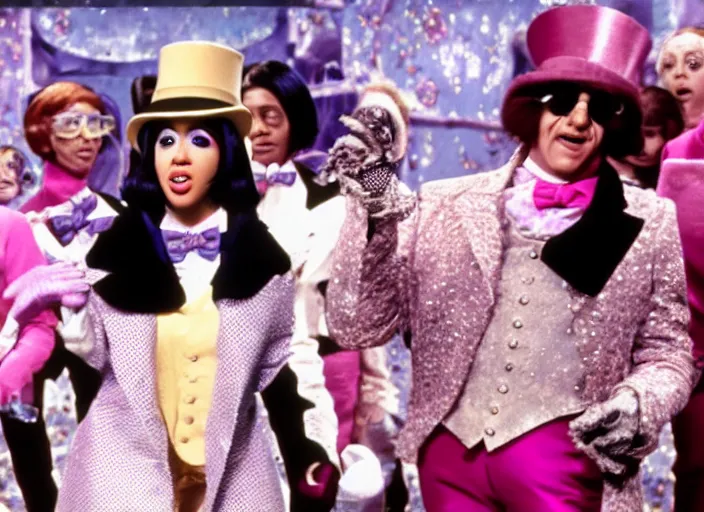 Image similar to film still of Cardi B as Willy Wonka in Willy Wonka and the Chocolate Factory 1971