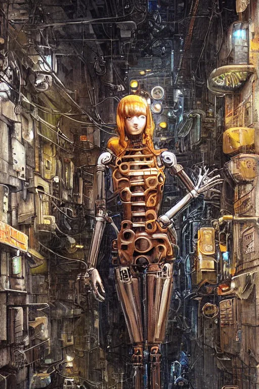 Prompt: a highly detailed retro futuristic female android with gears and other mechanical parts made out of pasta standing in a dank alleyway from blade runner, a robot made out of pasta, painting by Marc Simonetti and Julie Bell