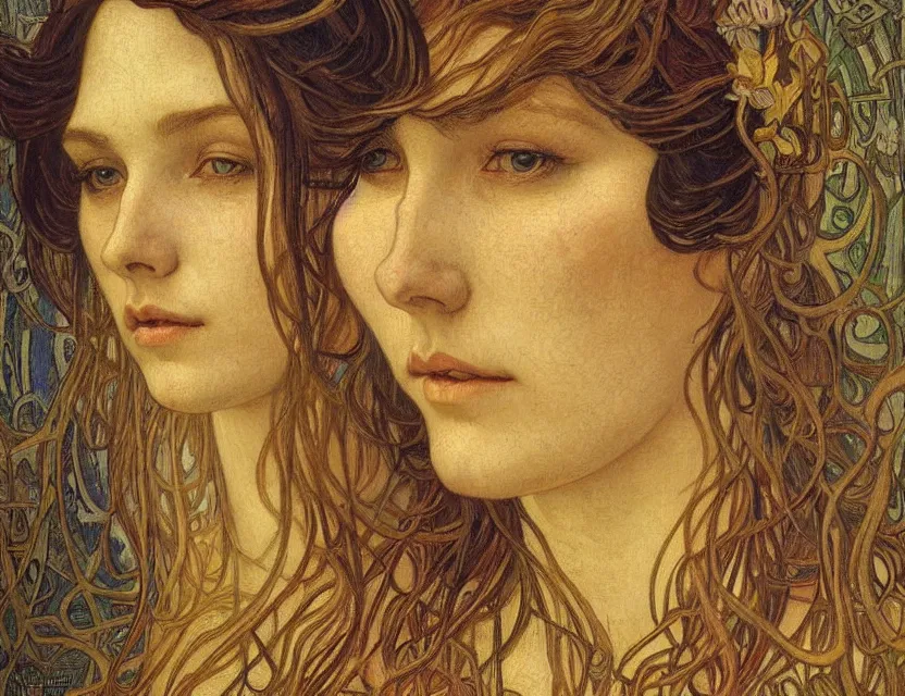 Image similar to detailed realistic beautiful young medieval queen face portrait by jean delville, alphonse mucha, vincent van gogh, and marco mazzoni, art nouveau, symbolist, visionary, gothic, pre - raphaelite