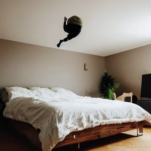 Image similar to a potato flying around a bedroom