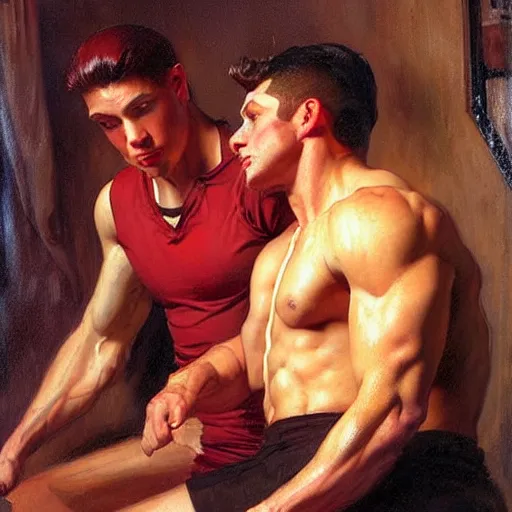 Prompt: attractive muscular male with red hair and muscular attractive male with black hair, drinking their hearts out, in a pub. very defined and highly detailed painting by j. c. leyendecker, gaston bussiere, craig mullins 8 k