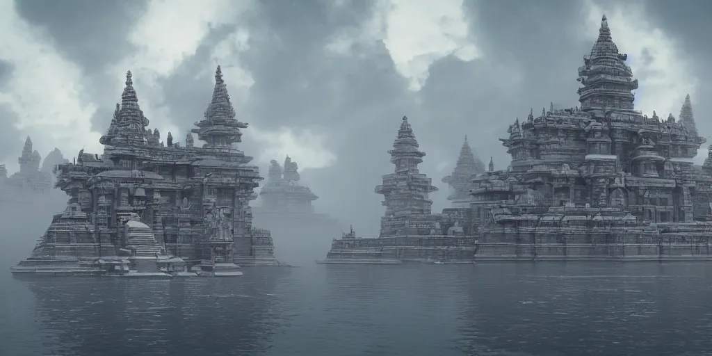 Prompt: futuristic floating sci fi cult temple made out of hindu temple like promotheus, foggy sky, around photorealism, unreal engine, 8 k, volumetric lighting,