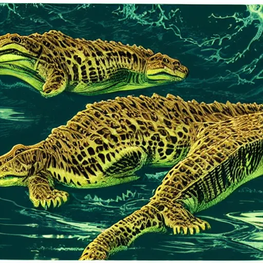 Image similar to battalion of tabby cats swimming downstream to do battle with a giant cayman crocodile silkscreened poster lithograph “ bernie wrightson ”