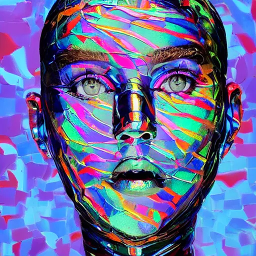 Prompt: a holographic human robotic head made of glossy ▲iridescent▲, Face, Palette Knife Painting, Acrylic Paint, Dried Acrylic Paint, Dynamic Palette Knife Oil Paintings, Vibrant Palette Knife Portraits Radiate Raw Emotions, Full Of Expressions, Palette Knife Paintings by Francoise Nielly, ▲▲▲Beautiful▲▲▲, ▲▲▲Beautiful Face▲▲▲, surrealistic 3d illustration of a human face non-binary, non binary model, 3d model human, cryengine, made of holographic texture, ▲holographic material▲, holographic rainbow, concept of cyborg and artificial intelligence