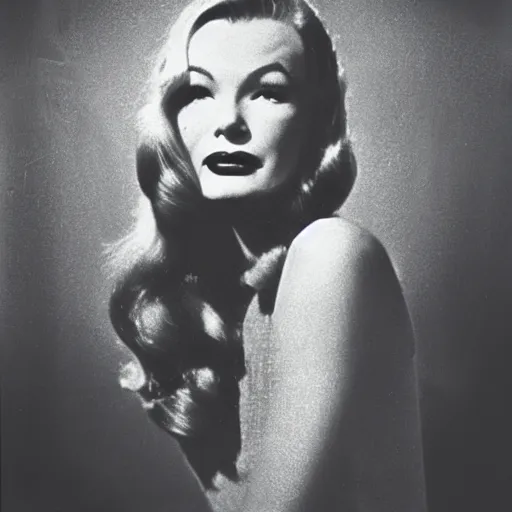 Prompt: Veronica Lake photoshoot, 1960s mod style, dramatic lighting, color film, halo effect