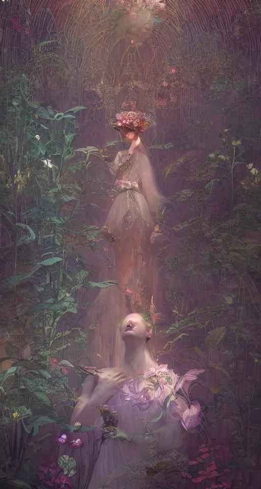 Image similar to a princess in the flower room, the light beam shines through the window, elegant, smooth, sharp focus, award - winning, masterpiece, style of tom bagshaw, cedric peyravernay, peter mohrbacher, louis comfort tiffany, victo ngai, james jean, pinterest, 4 k hd hyperdetailed illustrative wallpaper, chinese style