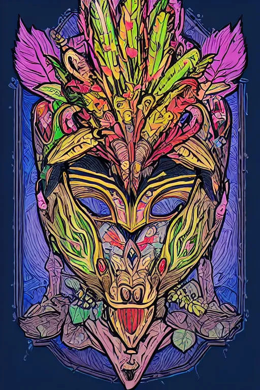 Image similar to animal mask totem roots flower tribal feather gemstone plant wood rock shaman vodoo video game vector cutout illustration vivid multicolor borderlands comics by josan gonzales and dan mumford radiating a glowing aura