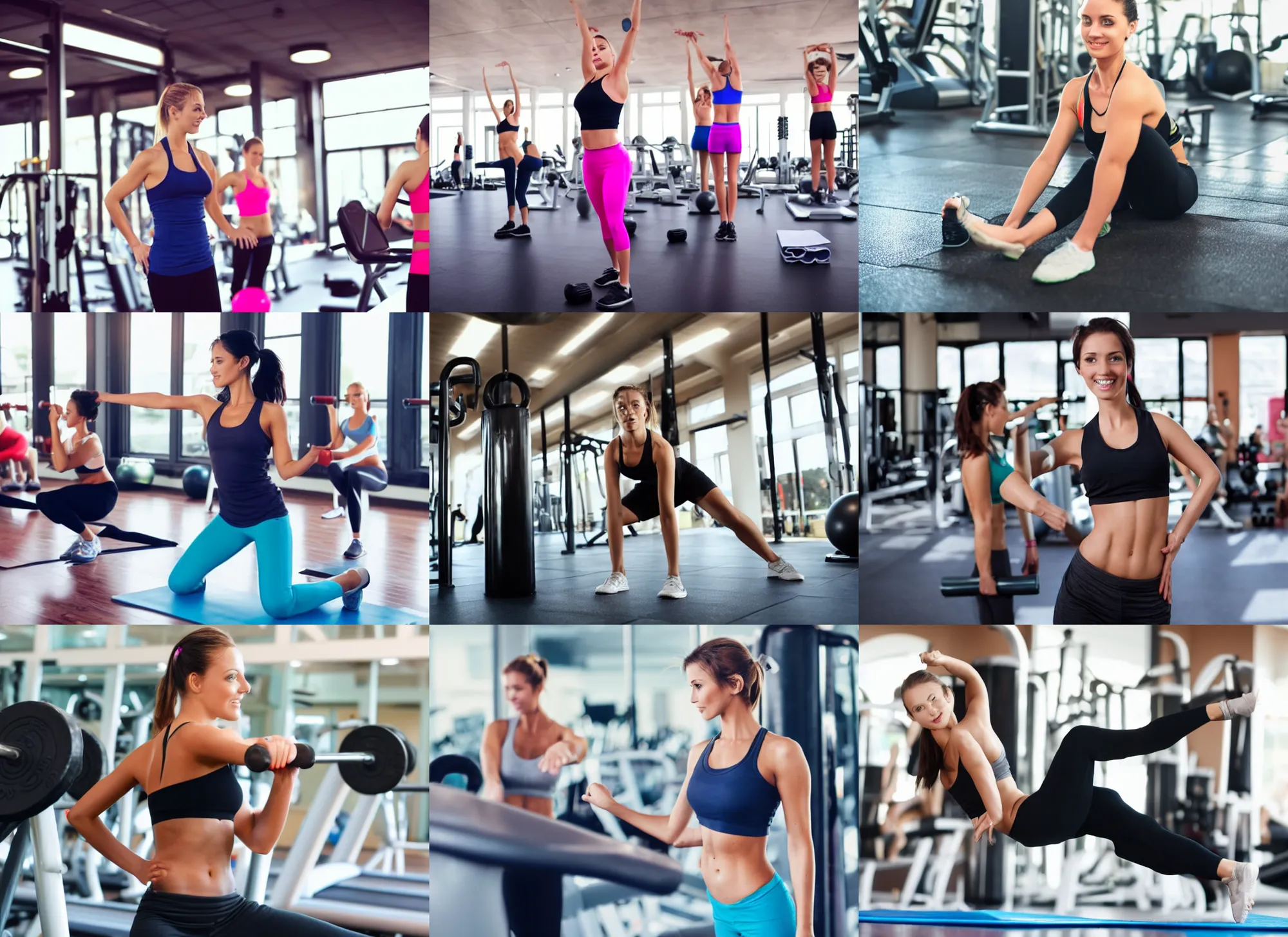 Prompt: Beautiful Woman doing aerobics at the gym