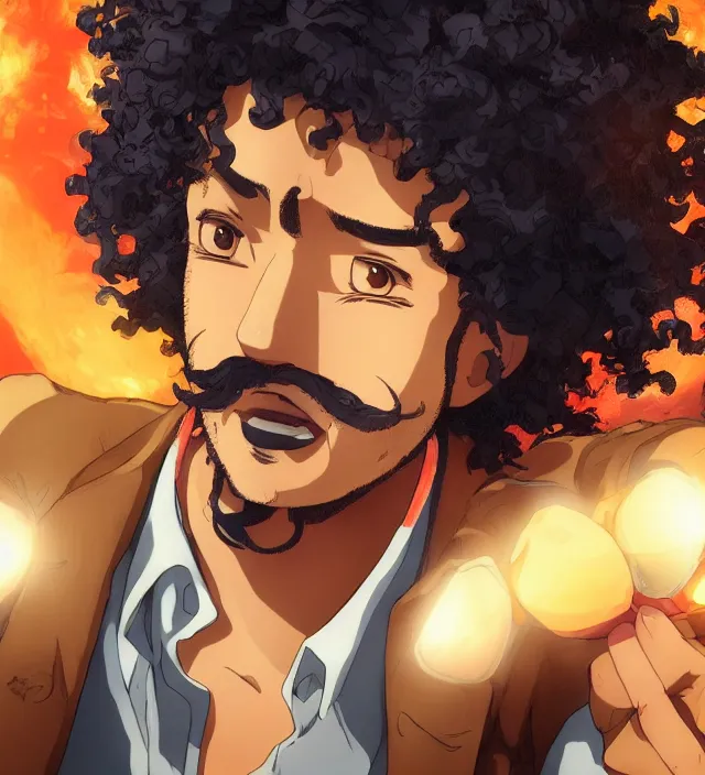 Image similar to close - up anime still of ( ( charming!!!!! latino middle - aged anime protagonist with curly afro and moustache!!! tilting his head charmingly ) late night in an anime bar, cozy lights, detailed orange atmosphere. cinematic rim lighting, global illumination, trending on artstation, hypdertailed, perfect shading, dreamy, masterpiece