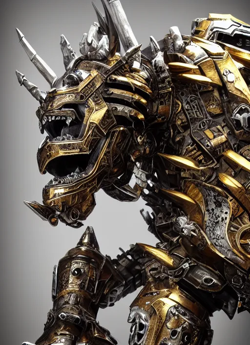 Prompt: hyper realistic glorious ancient wargreymon in a obsidian metal armor, futuristic design, designed by makoto kobayashi and luca zampriolo, portrait, cyberpunk style, wood and gold details, intricate, extremely detailed, ornate, deep of field, hard surface, exoskeleton, substance designer metal unreal engine. human proportion.