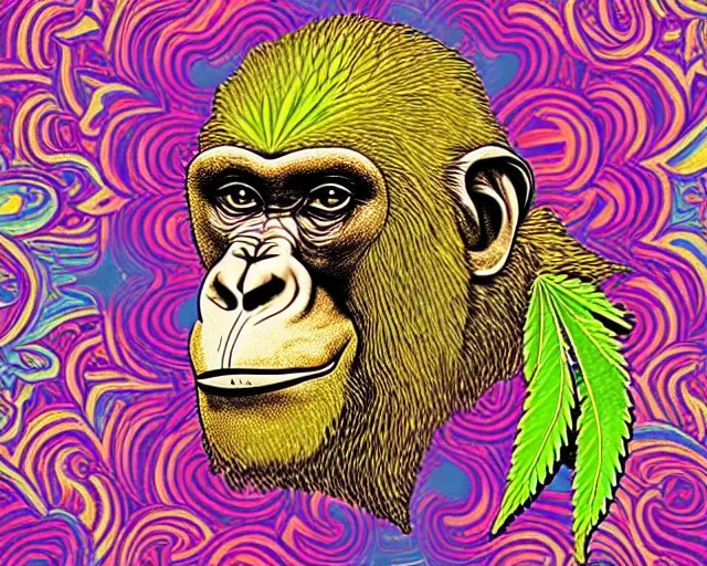 Prompt: psychedelic ornamental baroque bored ape wearing marijuana bandana, opensea