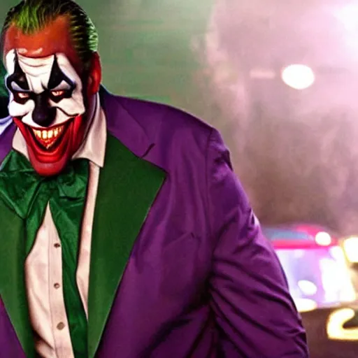 Image similar to cinematic close - up film still of shaquille o ’ neal as the joker in gotham city, shaq as the joker in his iconic green and purple suit with clown make - up