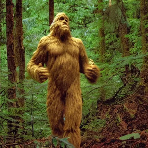 Image similar to found footage of the Bigfoot in the forest, VHS, hi 8