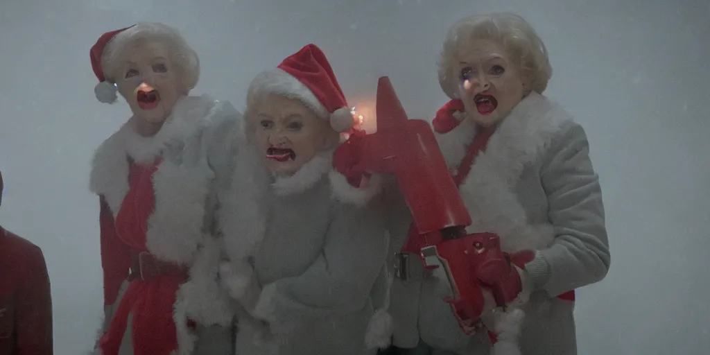 Prompt: betty white rocket launcher christmas nightmare horror by jordan peele cinematic fog snow night terrifying