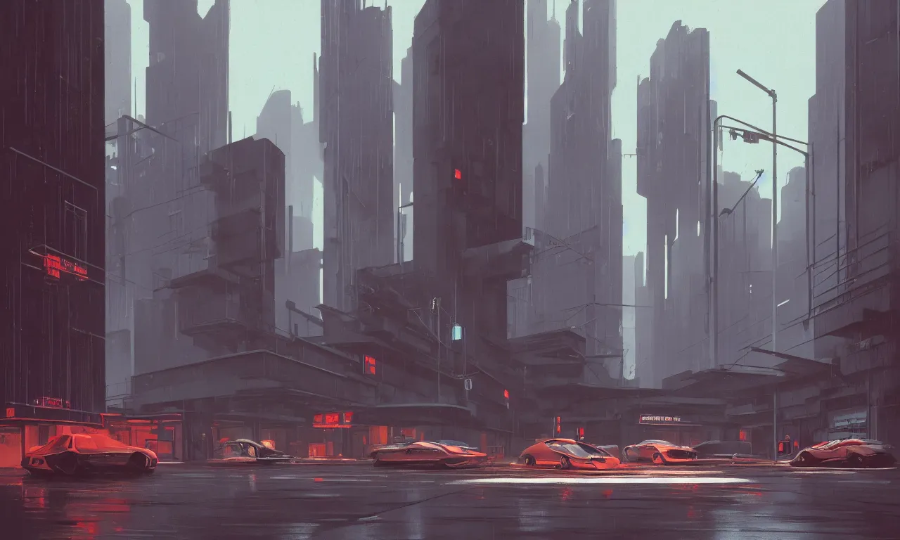 Prompt: streetscape, brutalist buildings, metal, concrete, wet streets, neon lights, neon signs, vehicles, pedestrians, syd mead, ralph mcquarrie, doug chiang, concept art, matte painting, finely detailed, minimal artifacts, rule of thirds, dynamic lighting, cinematic, denoised, centered, artstation