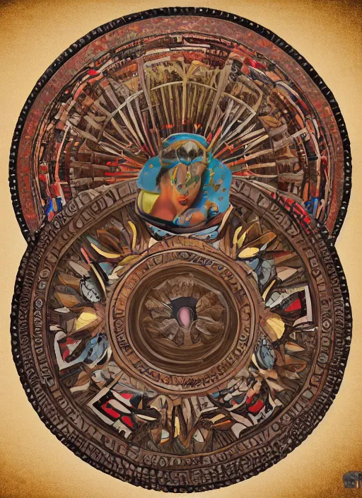 Image similar to indigenous highly decorated round drum, fantasy art, matte painting