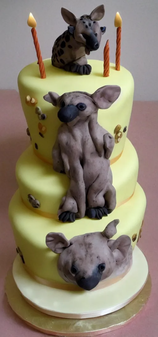 Image similar to birthday cake with a hyena sitting on top, hyena, hyena,