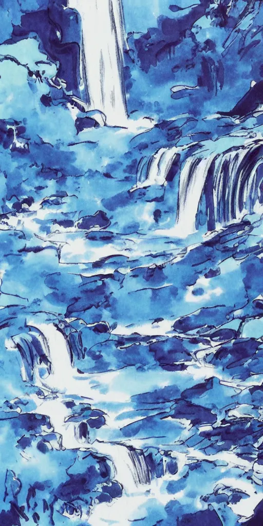 Image similar to an endless waterfall, blue colour splash, painted with a thick brush, detailed sumi-e illustration