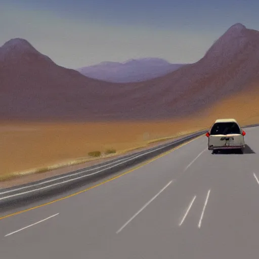 Image similar to a beautiful painting of a lone blue van driving down a single highway running through a deserted nevada highway, drawn by todd macfarlane and greg rutkowski.