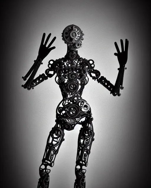 Image similar to mythical black and white organic bio-mechanical stick figure. Waving an axe into the camera. detail of mechanical beautiful female angelic-vegetal-cyborg, highly detailed, intricate steampunk ornate, poetic, 3D render, digital art, octane render, 8K artistic photography, photo-realistic, by Dora Maar